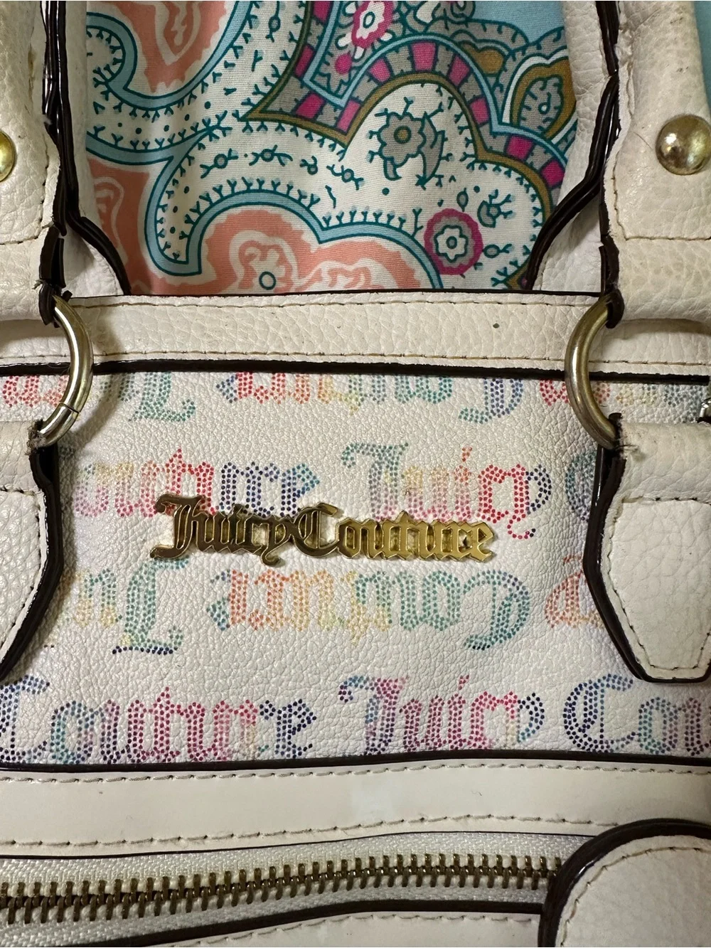 Juicy Couture White Multicolor Logo Satchel with Heart Charm